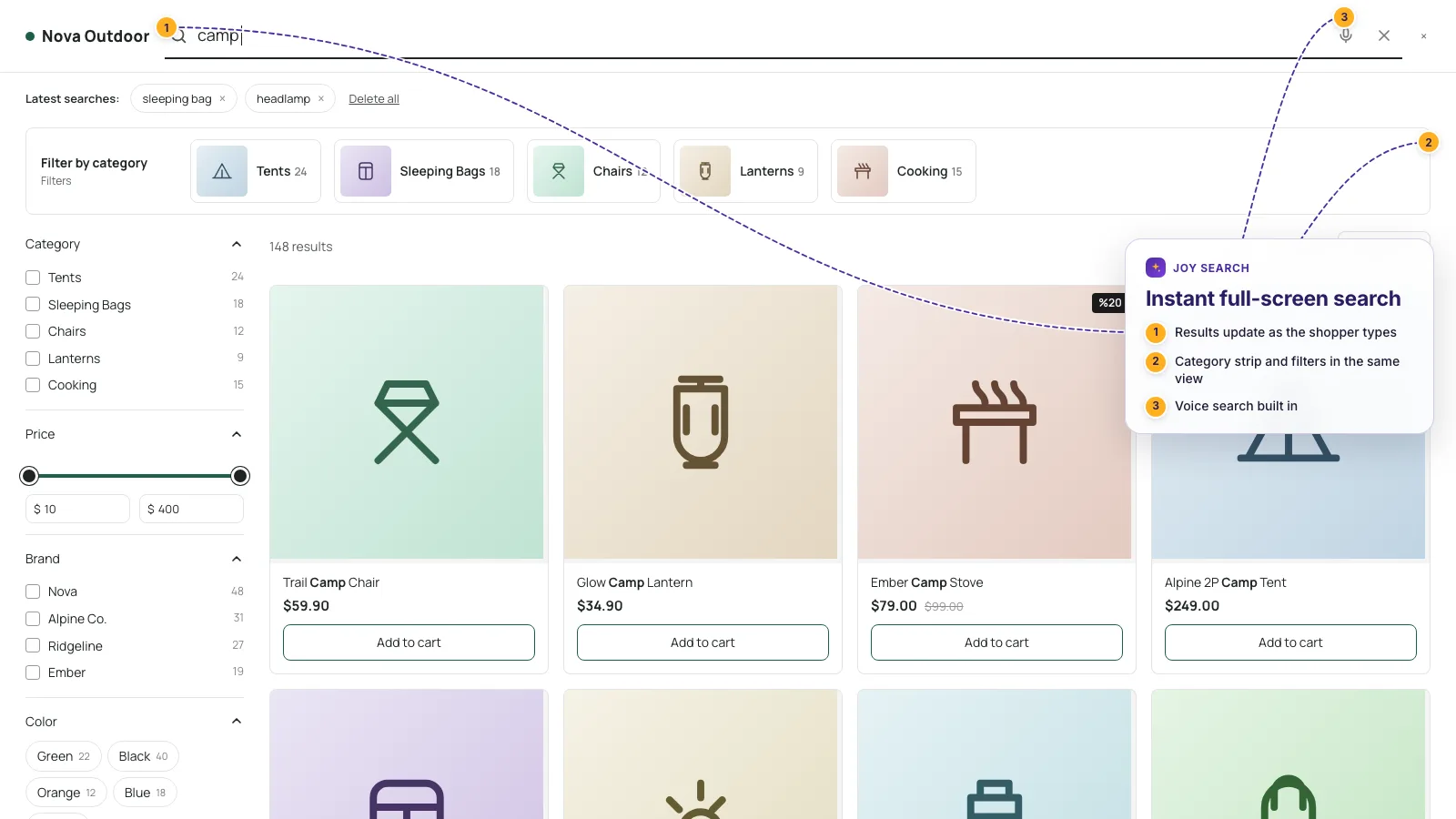 Full-screen instant search panel with results, category strip and filters