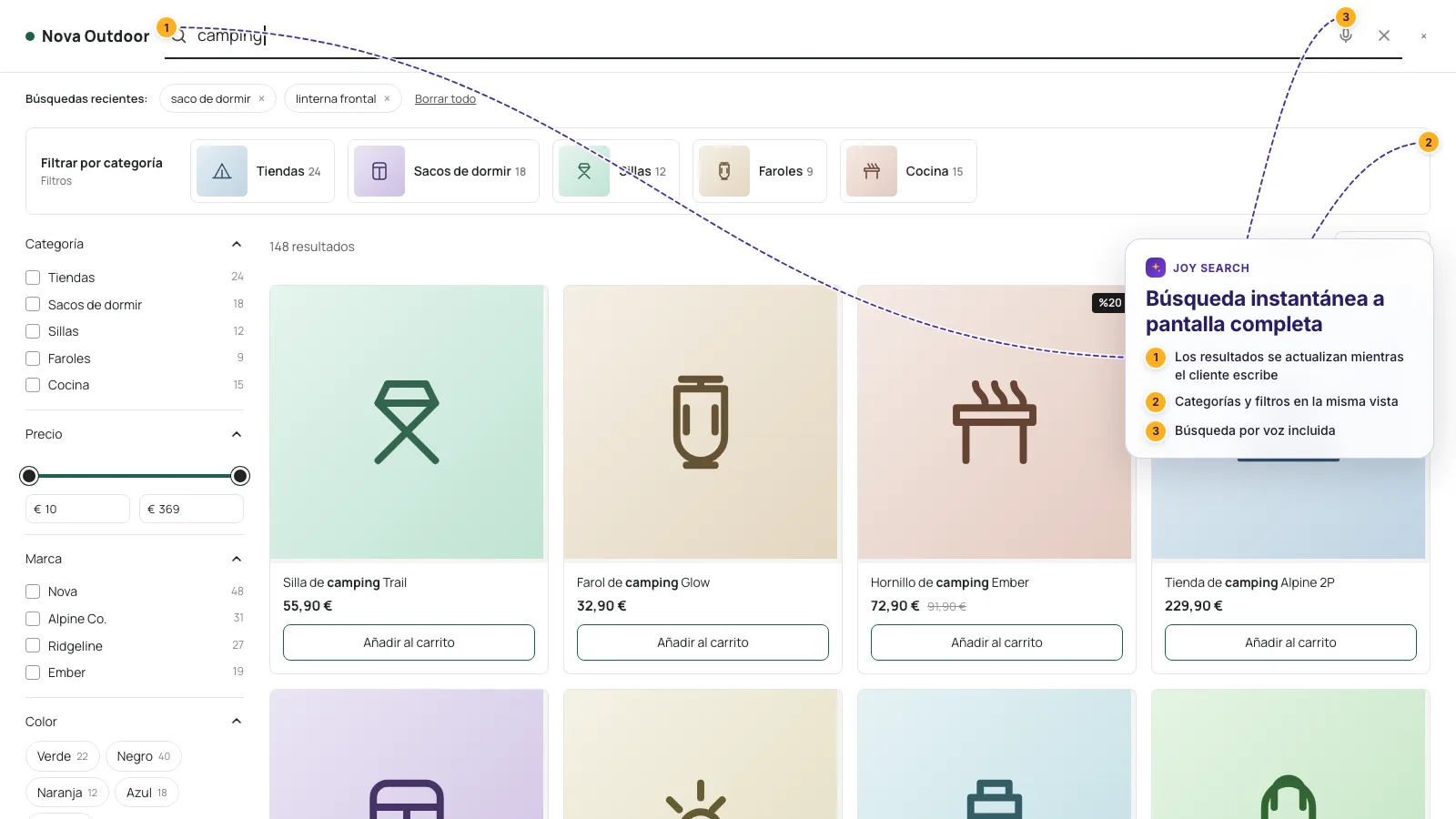 Panel de búsqueda instantánea a pantalla completa con resultados, tira de categorías y filtros