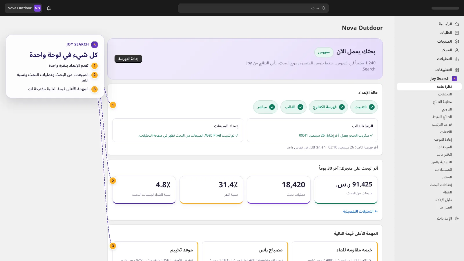 نظرة عامة على لوحة تحكم Joy Search مع خطوات الإعداد والمؤشرات وبطاقات الفرص
