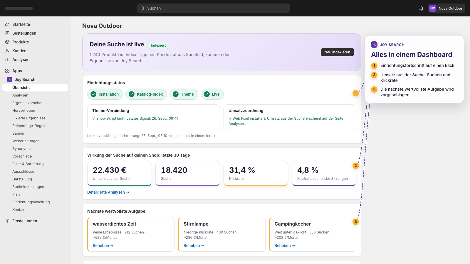 Joy Search Dashboard-Übersicht mit Einrichtungsschritten, Kennzahlen und Chancen-Karten