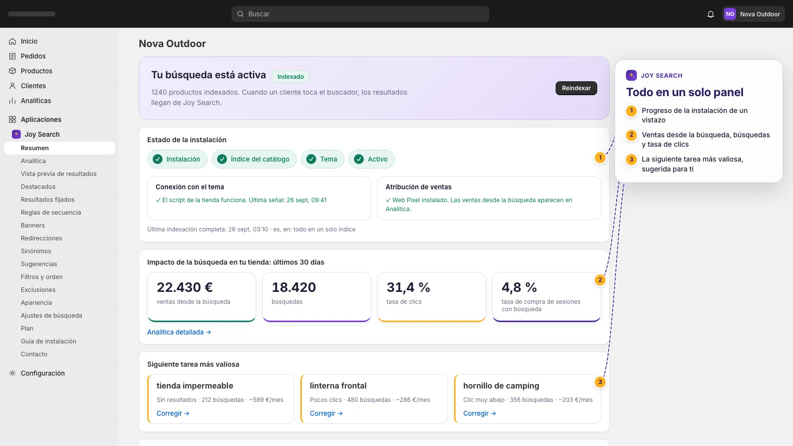 Panel de Joy Search con pasos de instalación, KPIs y tarjetas de oportunidades