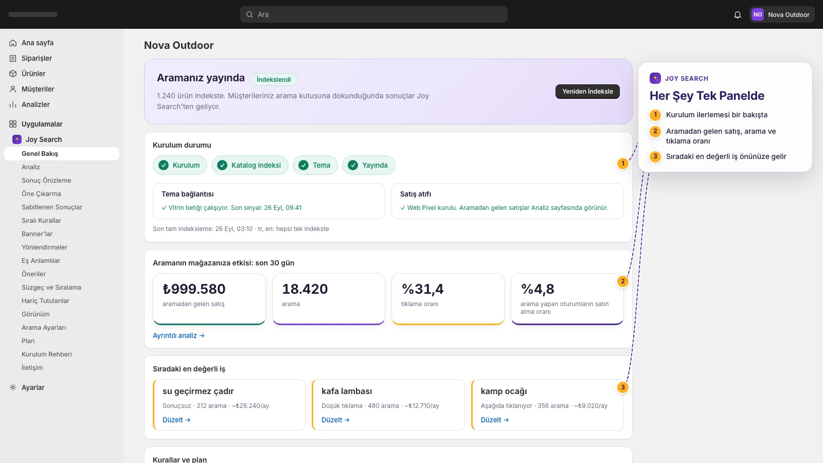 Kurulum adımları, KPI'lar ve fırsat kartlarıyla Joy Search genel bakış paneli
