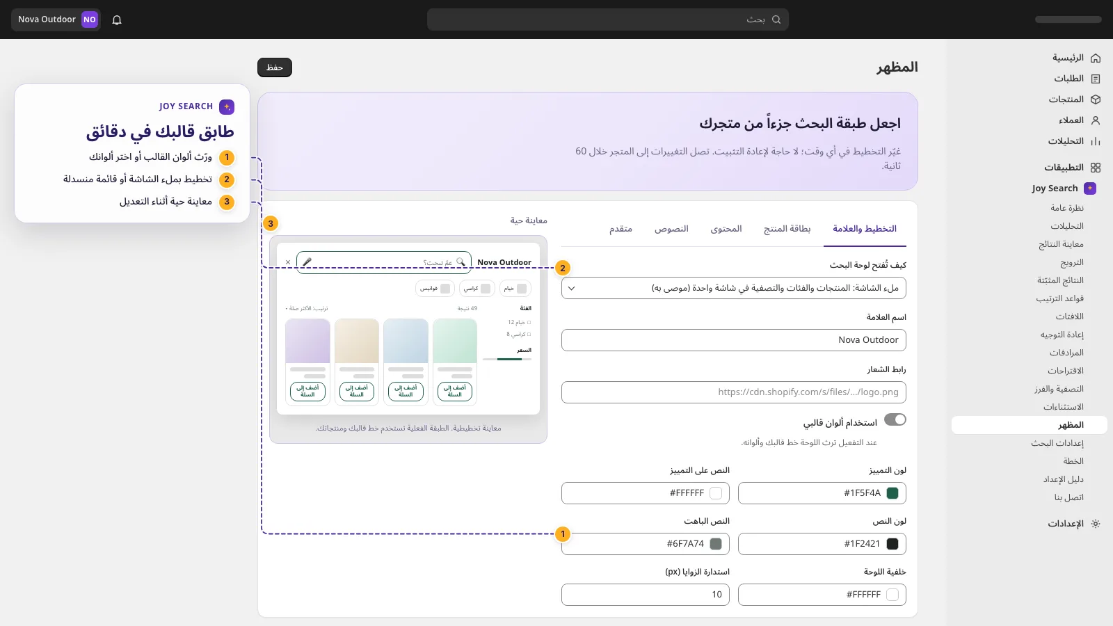 إعدادات المظهر مع معاينة حية للألوان والتخطيط
