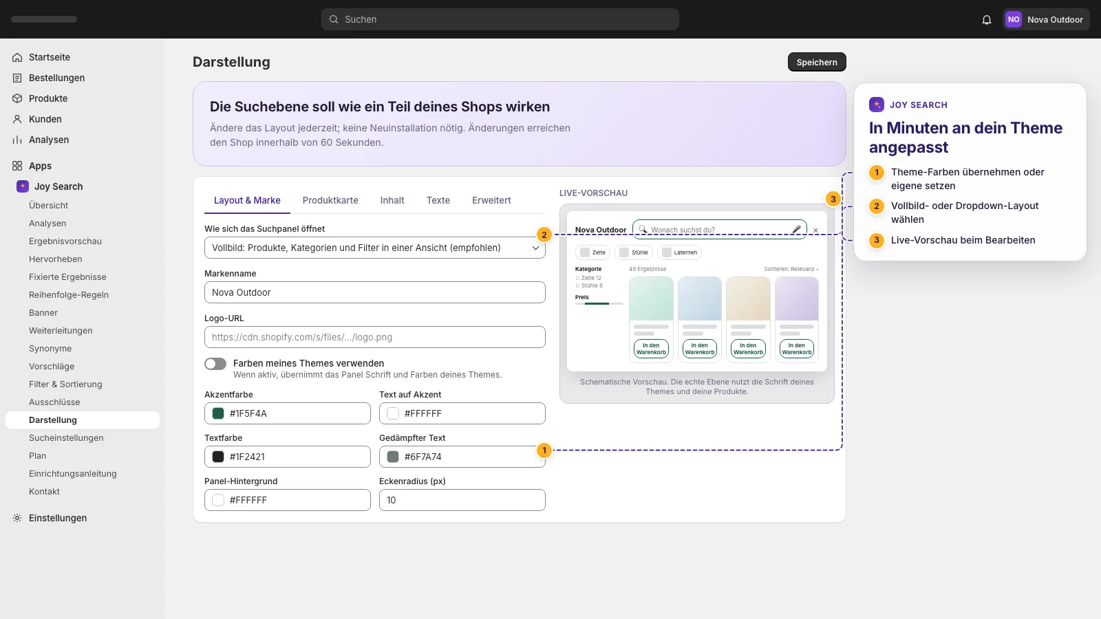 Darstellungseinstellungen mit Live-Vorschau von Farben und Layout