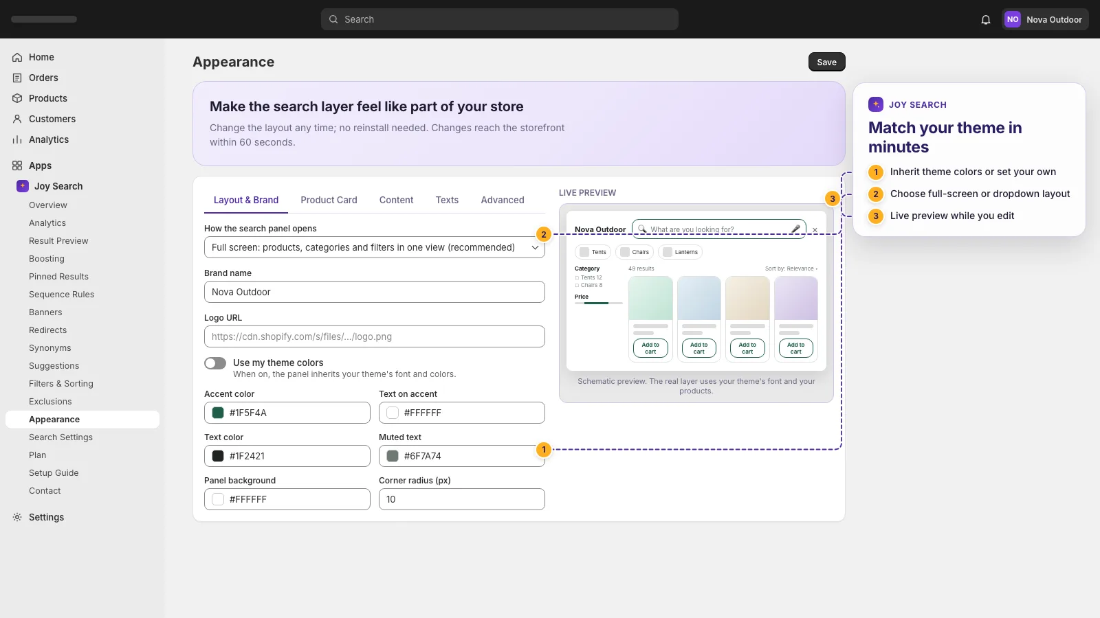 Appearance settings with live preview of colors and layout