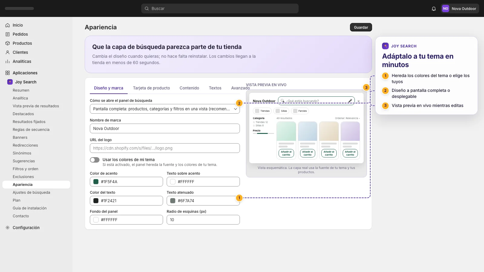 Ajustes de apariencia con vista previa en vivo de colores y diseño