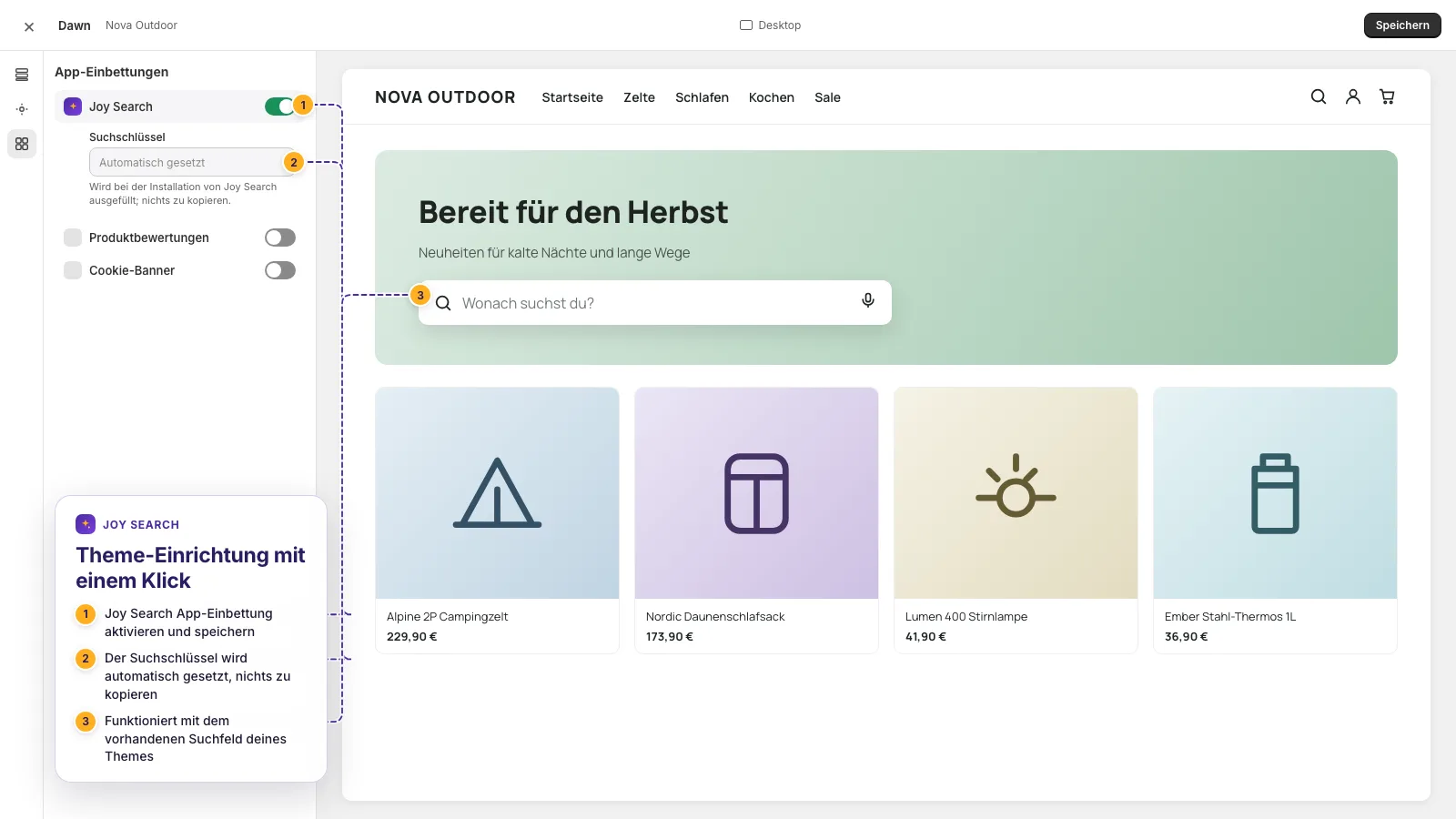 Shopify Theme-Editor mit eingeschaltetem Joy Search App-Embed