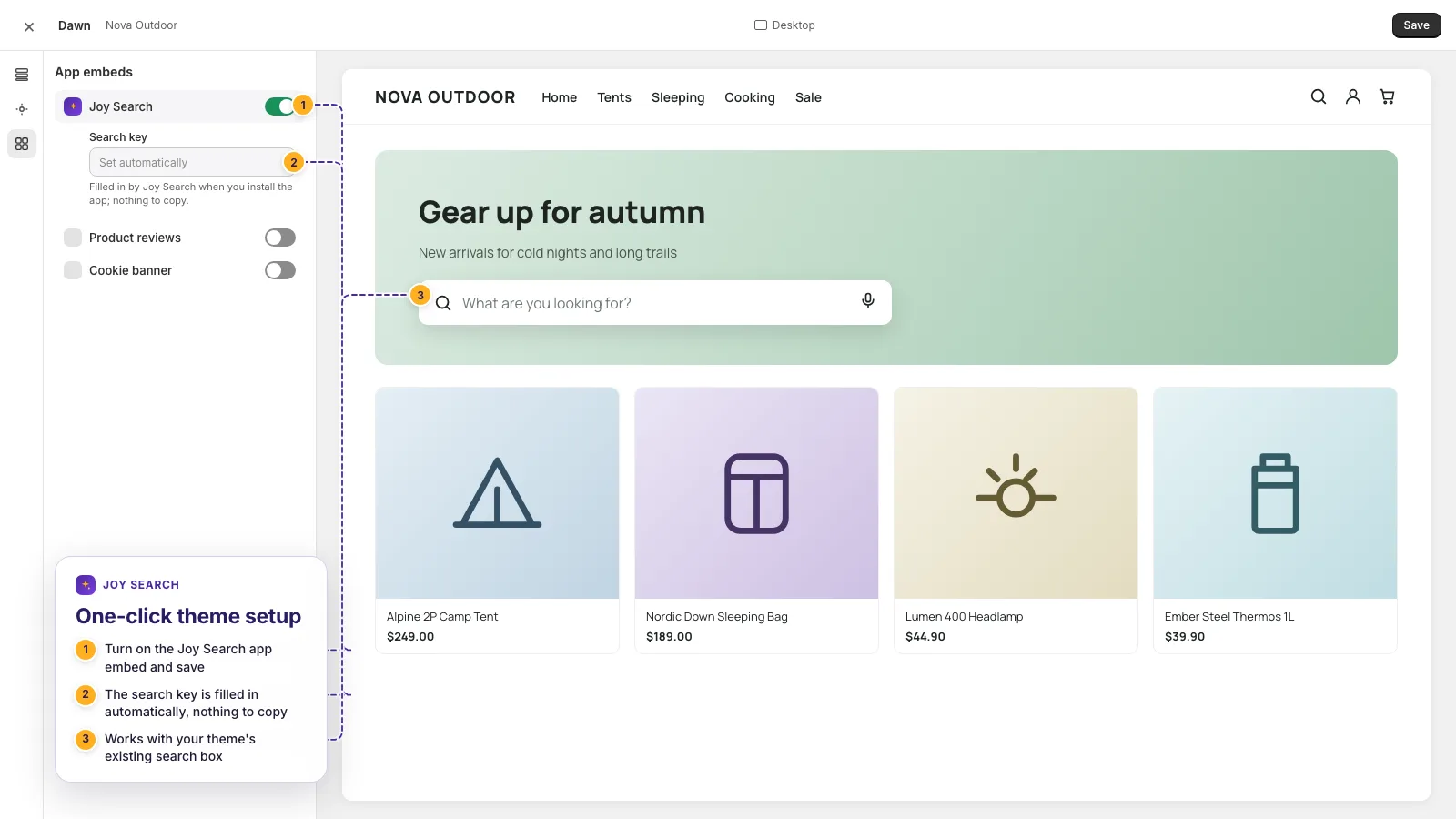Shopify theme editor with the Joy Search app embed switched on