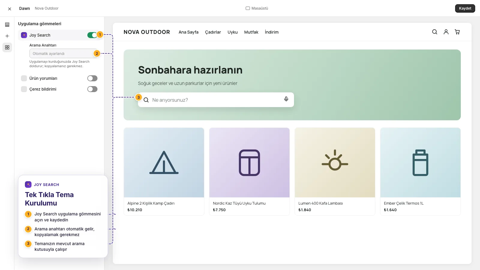 Joy Search uygulama gömmesi açık halde Shopify tema düzenleyici