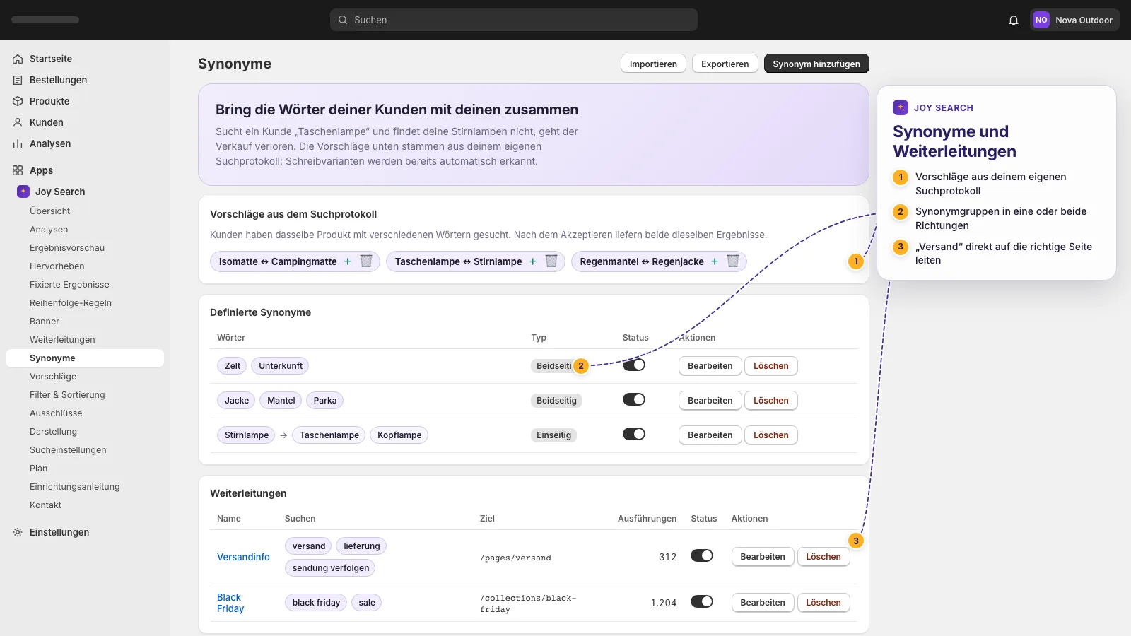 Synonymtabelle und eine Weiterleitungsregel, die eine Kampagnenanfrage auf eine Seite schickt