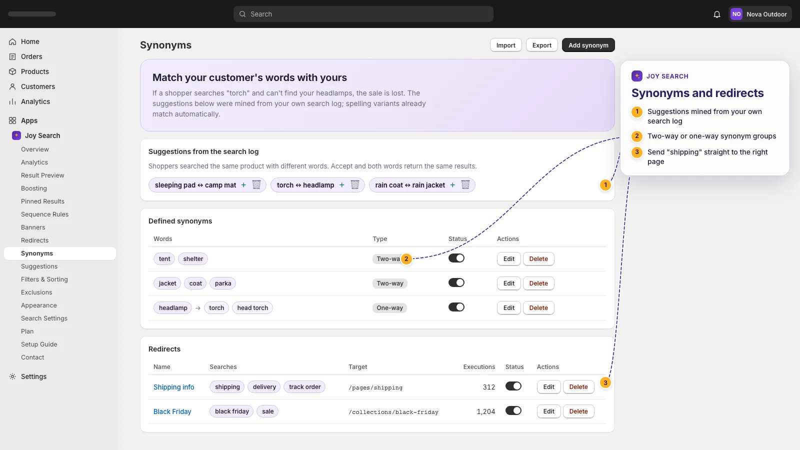 Synonyms table and a redirect rule sending a campaign query to a page