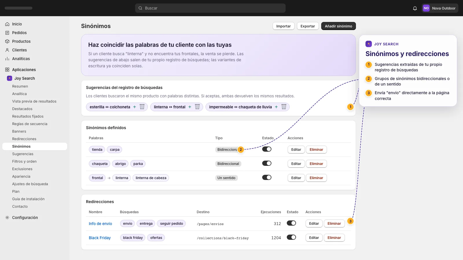 Tabla de sinónimos y una regla de redirección que envía una consulta de campaña a una página